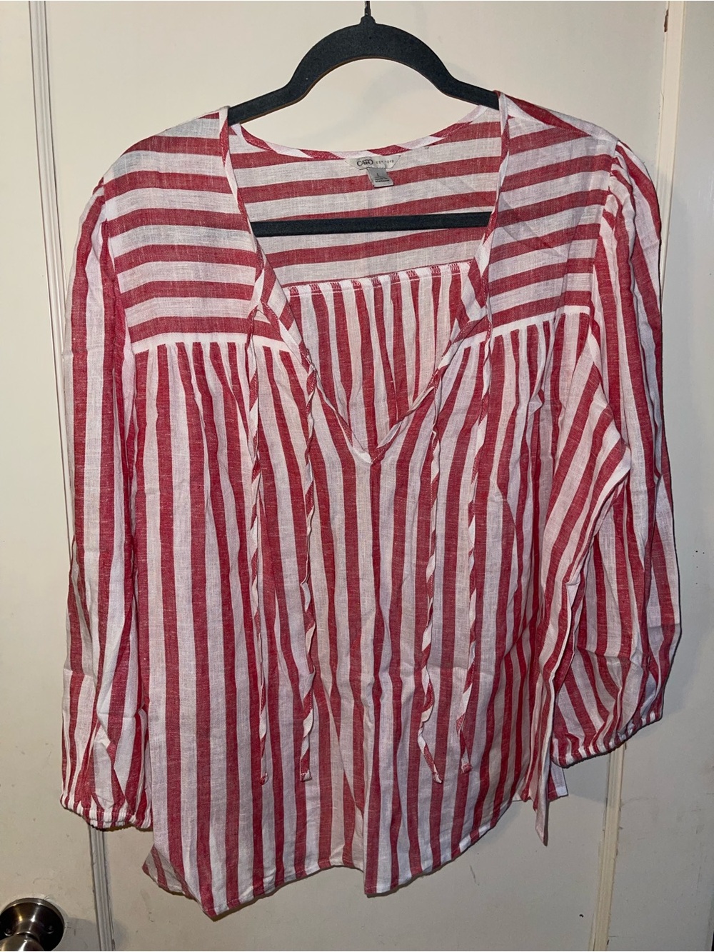 Cato Red & White Striped V-Neck Peasant Blouse